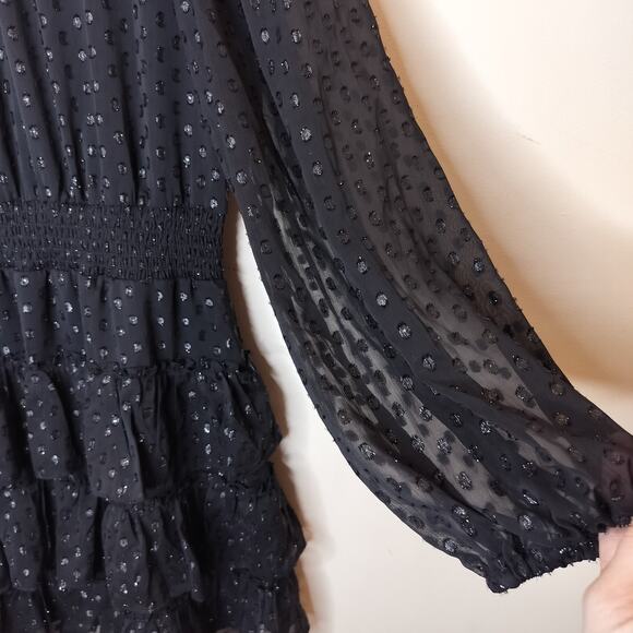 Express Black Chiffon Tiered Mini Dress Long Sheer Sleeve - Picture 7 of 13
